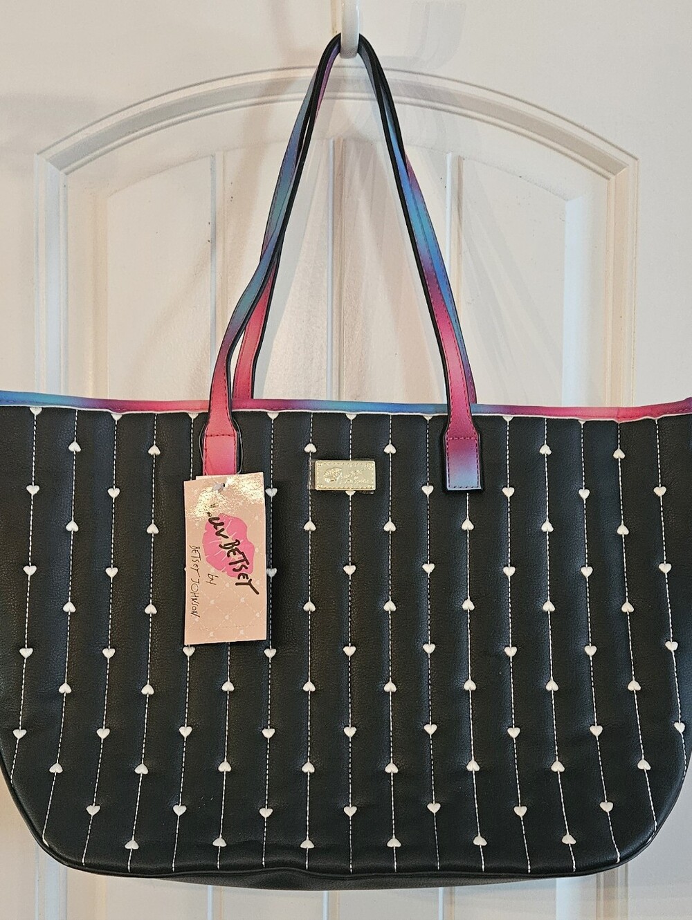 Betsey Johnson Black Heart-Pattern Tote with Pink-Blue Ombre Handles